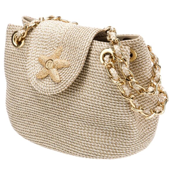 Eric Javits Raffia Sand Dollar Top Handle Chain Strap Gold Metallic Bag - Picture 11 of 13